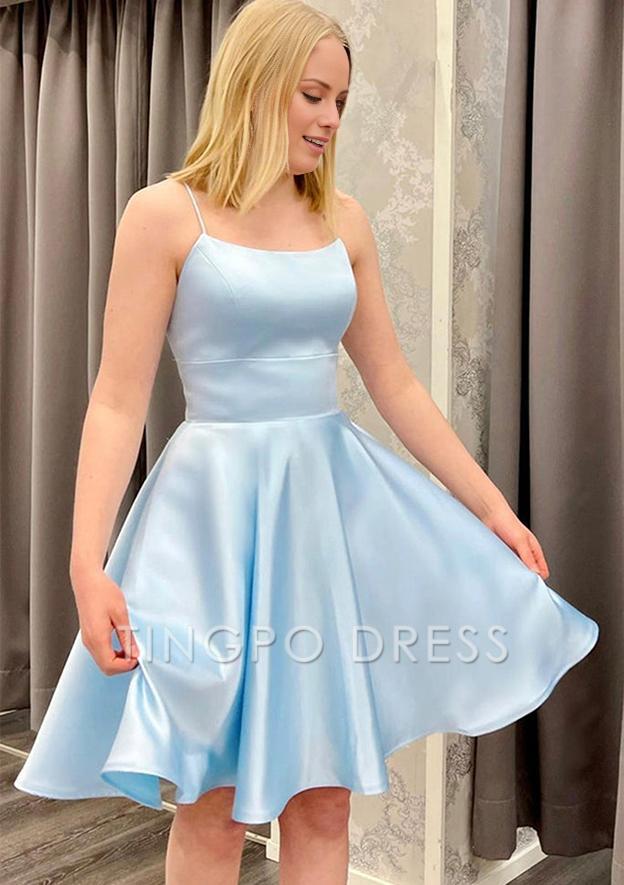 TingPo Wholesale A-line Square Neckline Sleeveless Satin Short/Mini Homecoming Dress
